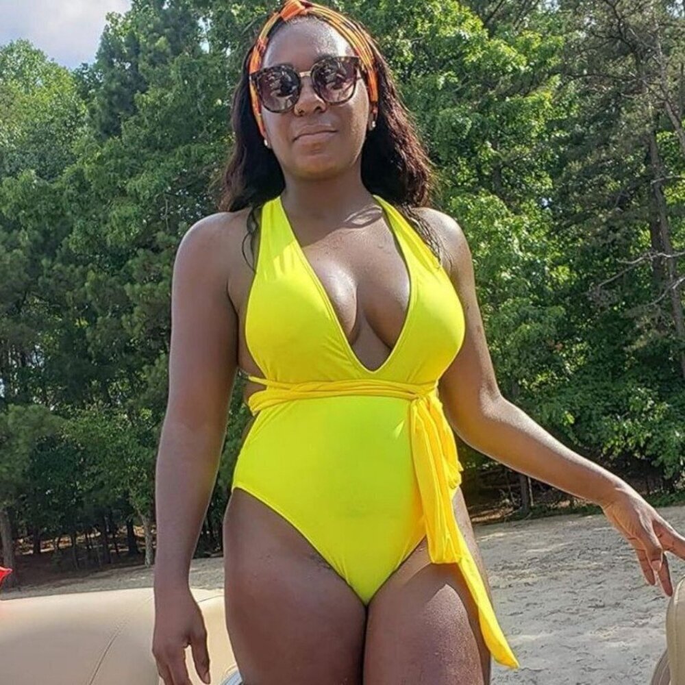 Yellow Sexy Tie Criss Cross Plunge One Piece Swimsuit High Cut Bathing Suit